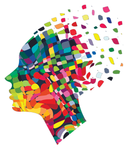 Illustration of a human head in profile formed from scattered colourful fragments — the assistant reading and understanding each application form.